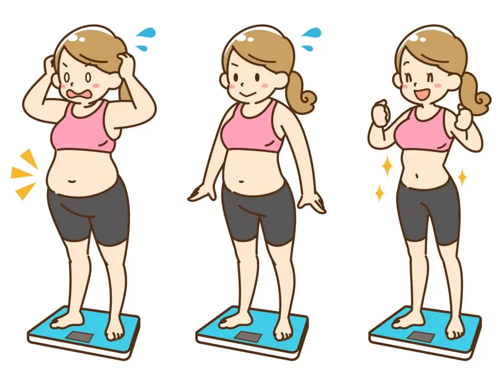 体重計に乗って体の変化を実感している女性